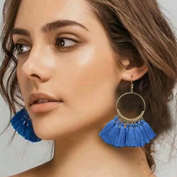 Blue Fringe Earrings - Picture 2 of 2